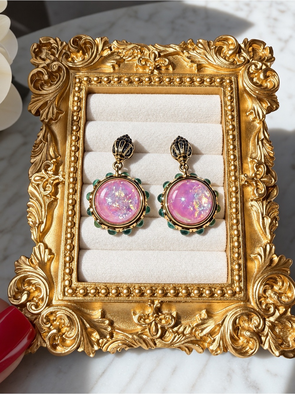 Kurt Geiger Pink Opalescent Drop Earrings with Green Accents